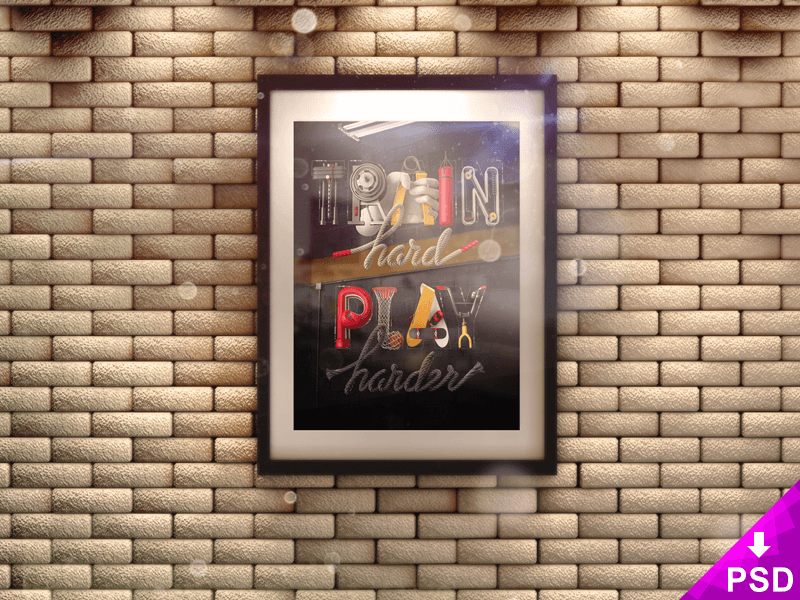 Poster in 3D Frame on Brick Wall Mock-up